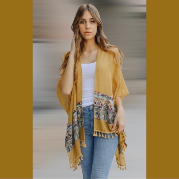 🇺🇸SALE🇺🇸Mustard Boho Embroidered Tassel Kimono - Picture 5 of 7